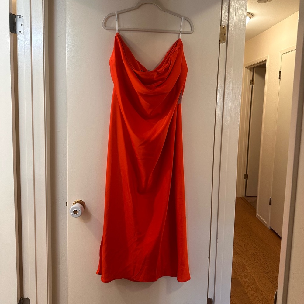 Strapless bright orange satin dress